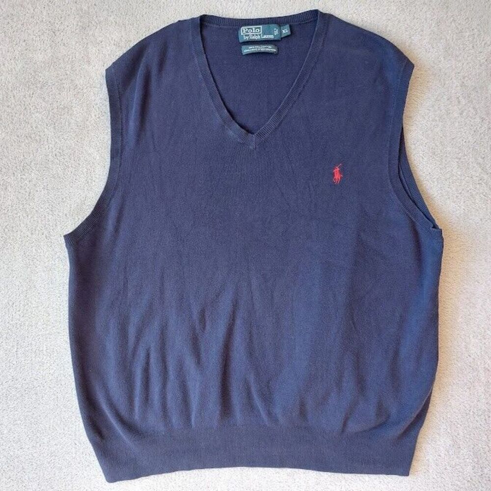 Polo Ralph Lauren Preppy Sweater Mens XL Pima Cotton Blue Vest Red Pony Logo